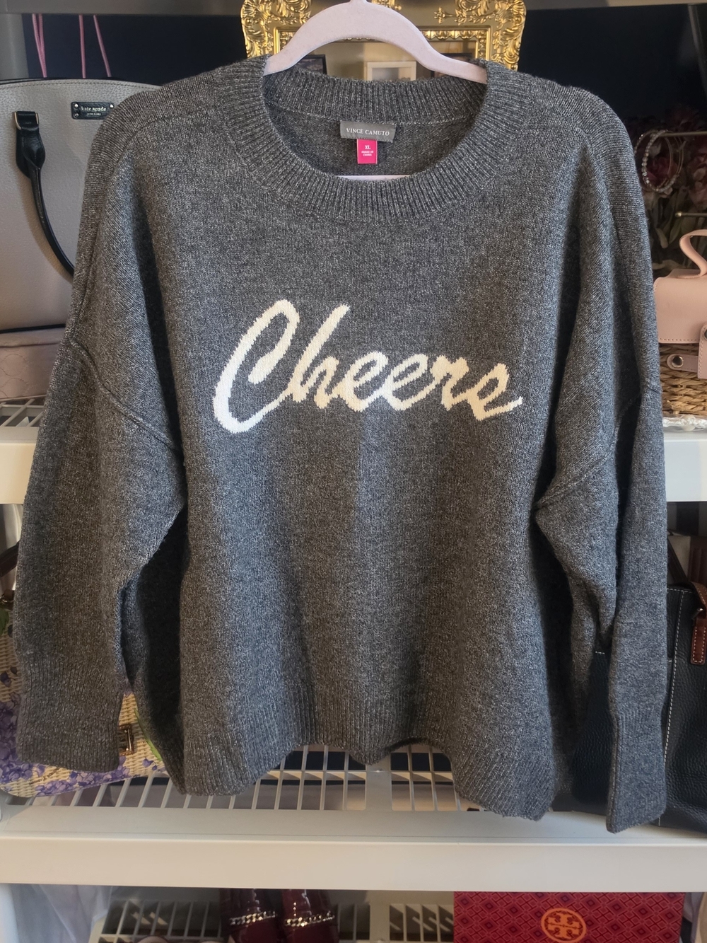Vince Camuto Gray Crewneck Sweater with White 'Cheers' Script